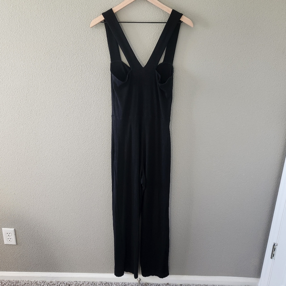 Reformation Landry Jumpsuit Medium Black Ribbed Knit Square Neck Button Lyocell - Picture 6 of 11